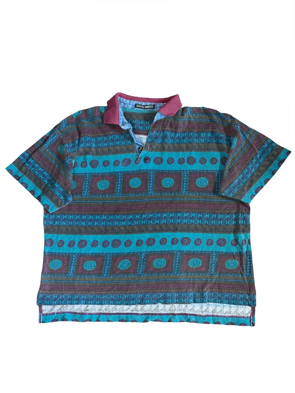 Vintage 90s Men's Teal & Purple Patterned Polo Shirt - Propeller